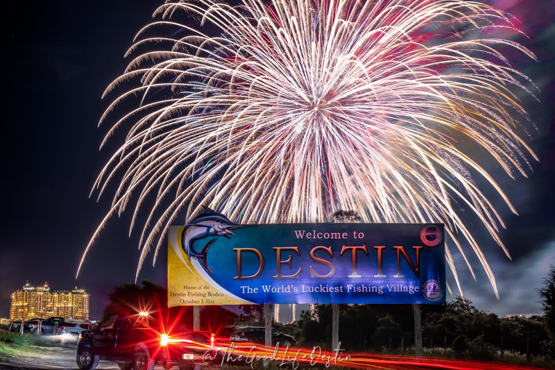 Destin Harbor Fireworks at the Destin Sign