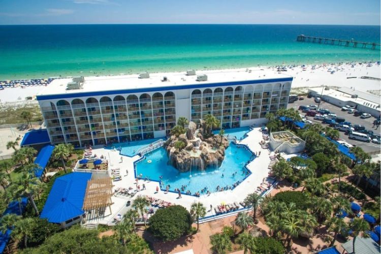 A view of the pool and the beach at the Island hotel on Okaloosa Island