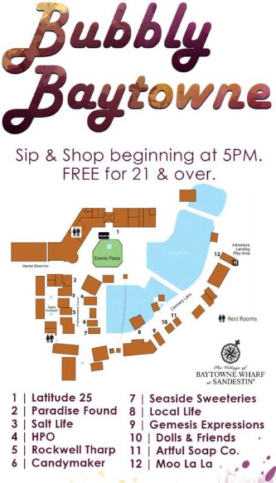 A map of champagne stops at the Village of Baytowne Wharf Bubbly Baytowne Event