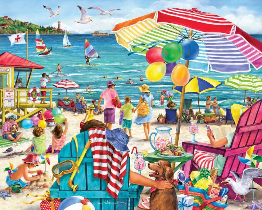 A jigsaw puzzle with a beach scene of people at the beach
