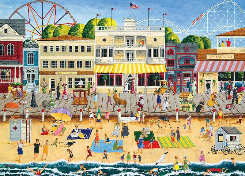 A jigsaw puzzle scene of people at the boardwalk 