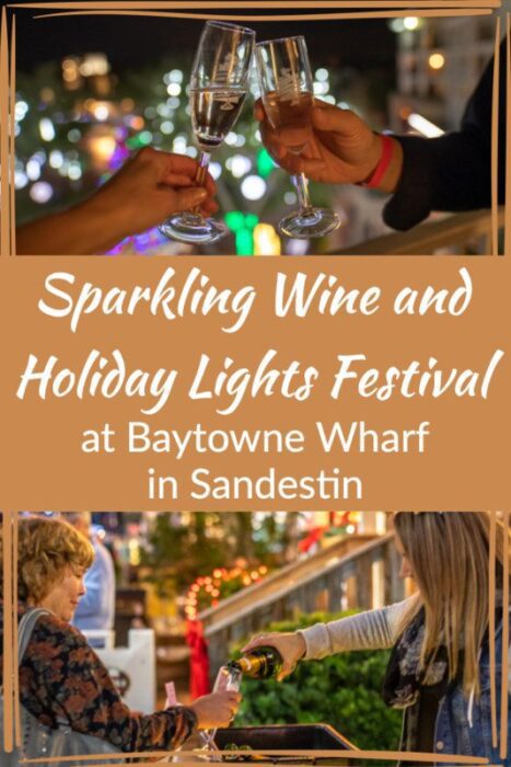 Pinterest Pin for Sparkling Wine and Holiday Lights festival at Baytowne Wharf in Sandestin