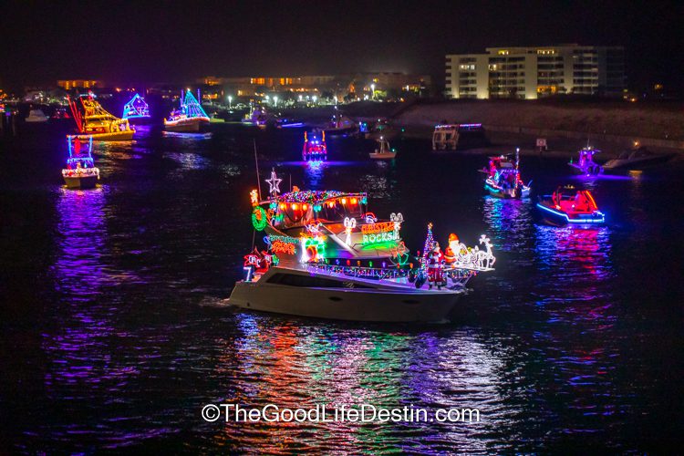 Boats parading at the Destin lighted boat parade
