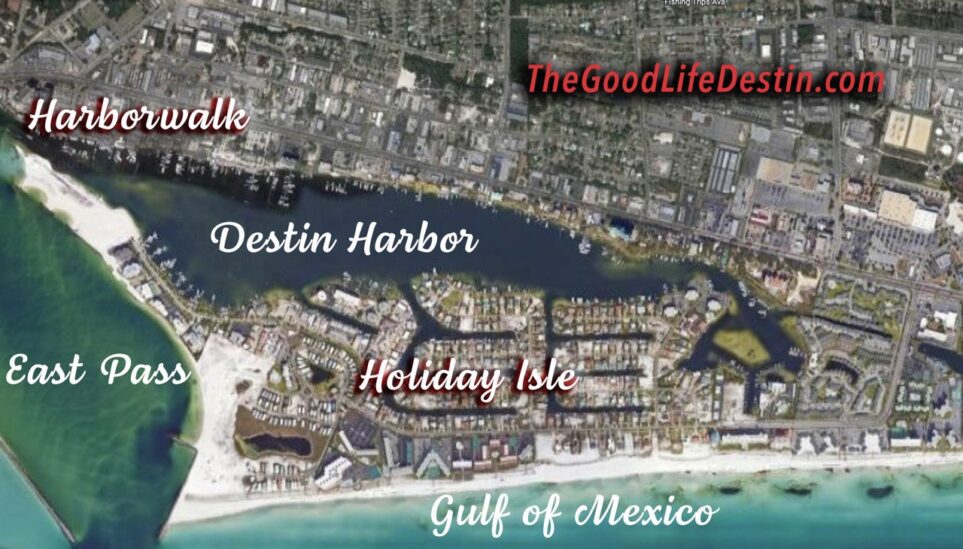 Map of Destin Harbor, Harborwalk, Holiday Isle, and the East Pass