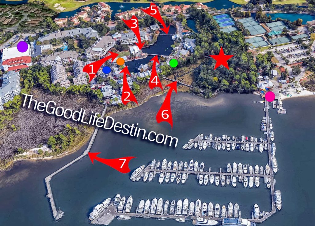Baytowne Wharf Fireworks Map of viewing spots and restaurants with a view of fireworks