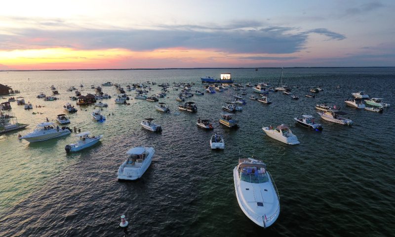 Boats gathered on Crab Island for Shark Movie Night