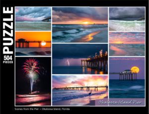 Collage of photos from the Okaloosa Island pier in a jigsaw puzzle