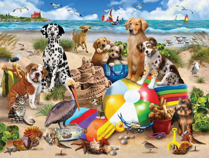 Puzzle of a beach with dogs and birds and beach toys