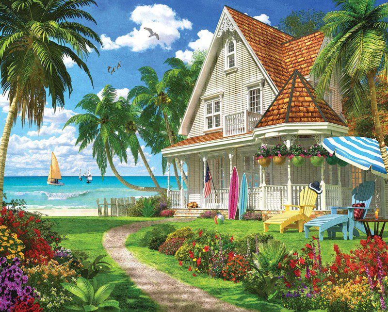 A beach house puzzle with palm trees
