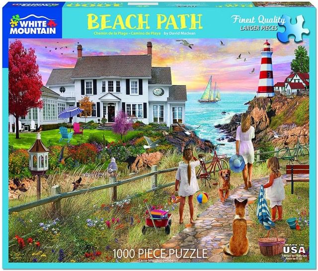 Jigsaw puzzle with a beach path and family walking to the water
