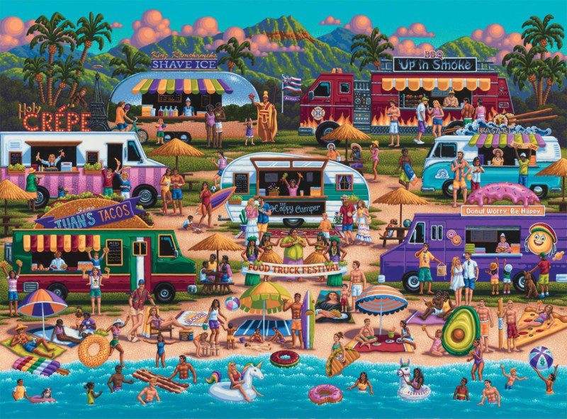 Surfers and swimmers on the beach at a food truck festival depicted in this colorful puzzle