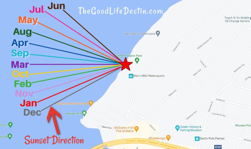 Map showing the sunset direction from Clement Taylor Park in Destin