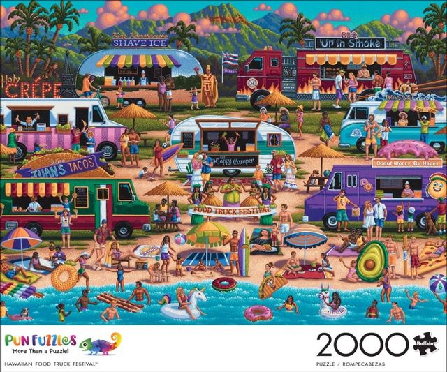 People at the beach enjoying the water and food trucks in a colorful jigsaw puzzle