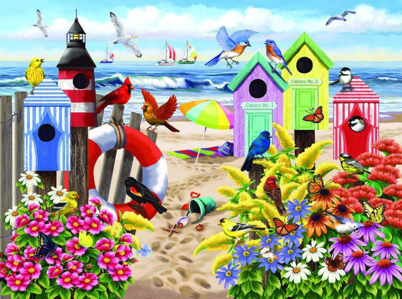 Beach Scene with colorful birds and cabanas in front of the ocean