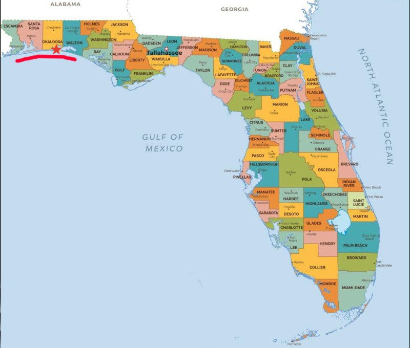Florida map showing the direction of the beaches in Destin Florida