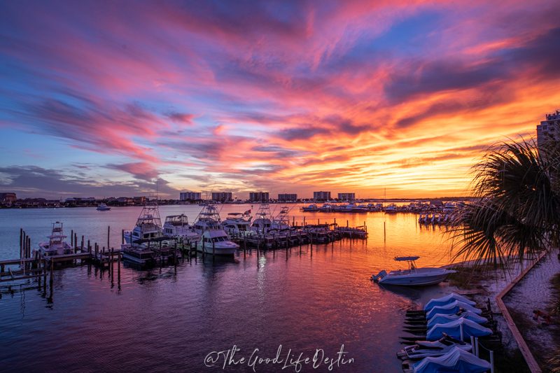 Colorful sunset over Destin Harbor from Marina Cafe