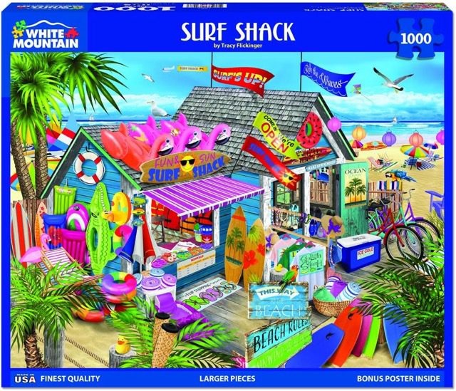 Beach Puzzle with a surf shack and colorful whimsical toys