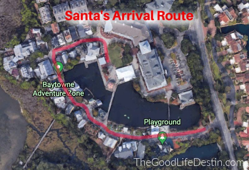Santa arrival route map at Baytowne Sandestin