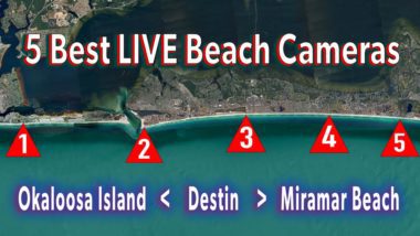 Destin Beach Camera spots on an Emerald Coast map from Okaloosa Island to Miramar Beach