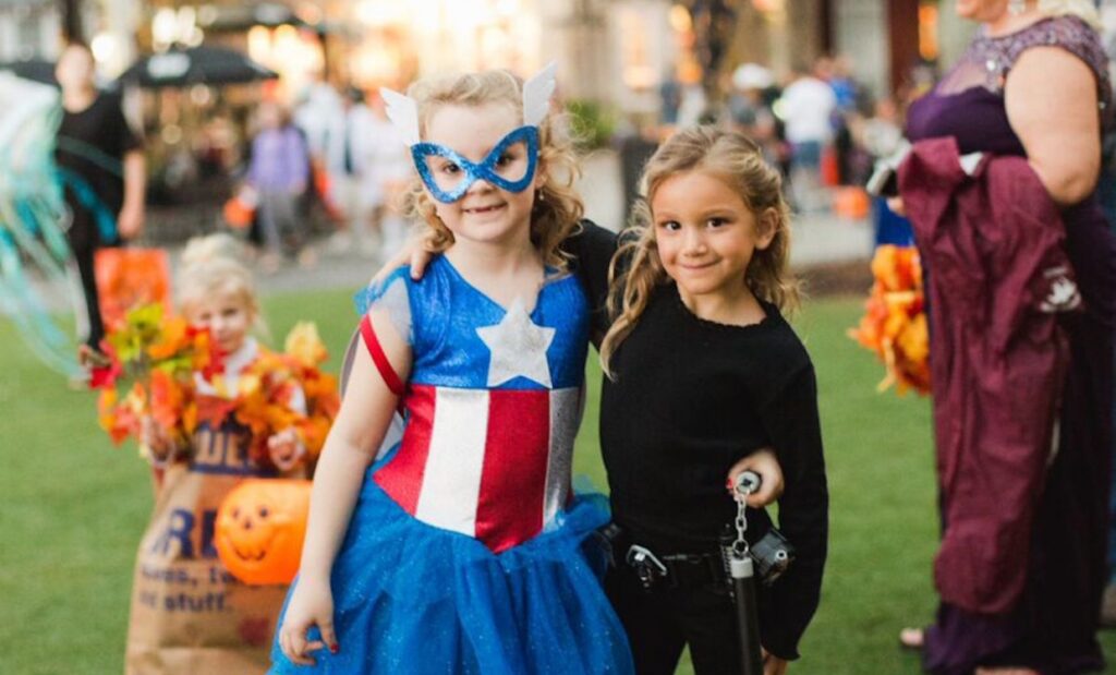 Kids dressed up in costumes on Halloween at Baytowne Wharf