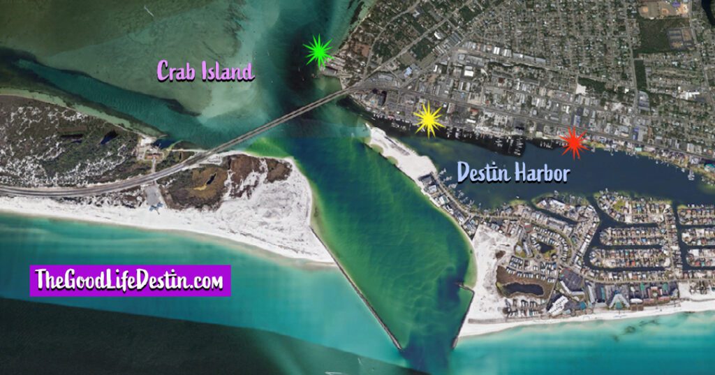 A map showing the different areas to rent a boat for Crab Island 