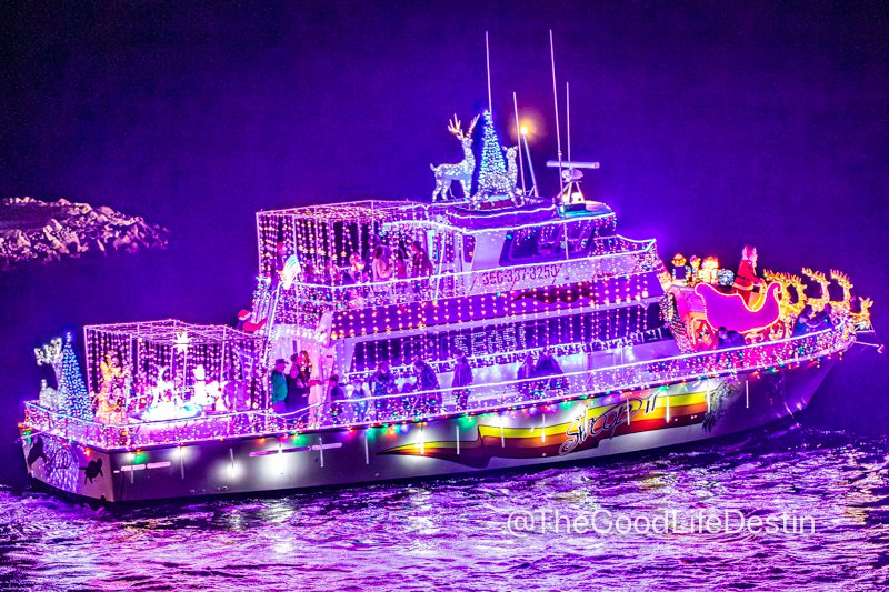 Colorful lights on a boat at the Destin Harbor Boat Parade