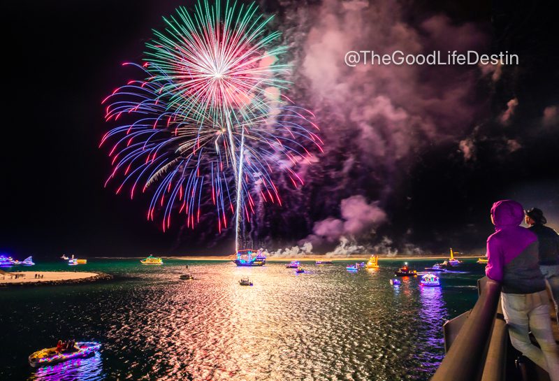 Fireworks from the Destin bridge during the Destin Harbor Lighted Boat Parade