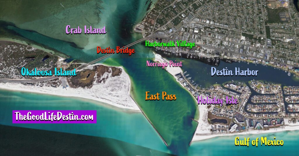A map showing Crab Island north of the Destin bridge and East Pass