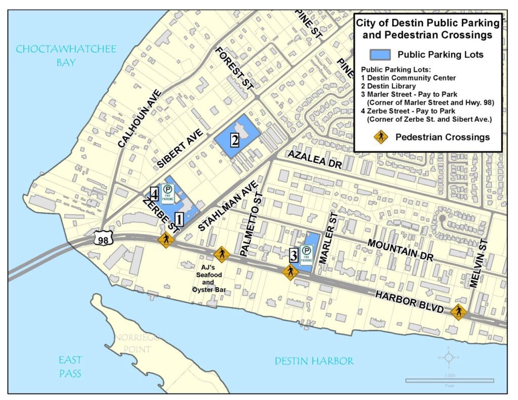 Map of the Destin Harbor City Parking Lots near Harborwalk Village