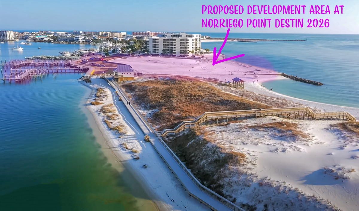 Aerial view of Norriego Point showing the boardwalk, restroom building, existing boat docks, and the nearby undeveloped sand area proposed for future development.