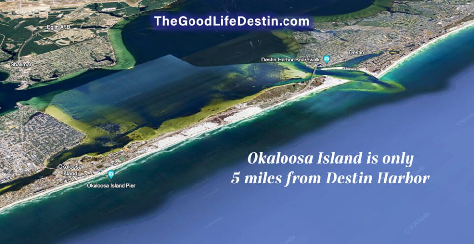 Aerial map view showing where Okaloosa Island is located in relation to Destin Harbor
