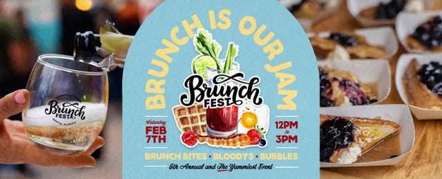 Brunch Fest event information with food and drink pictured in the background