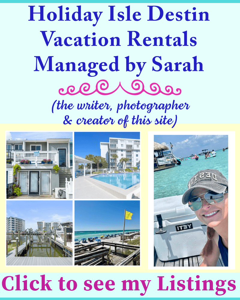 Graphic about Sarah's Destin vacation rentals on Holiday Isle