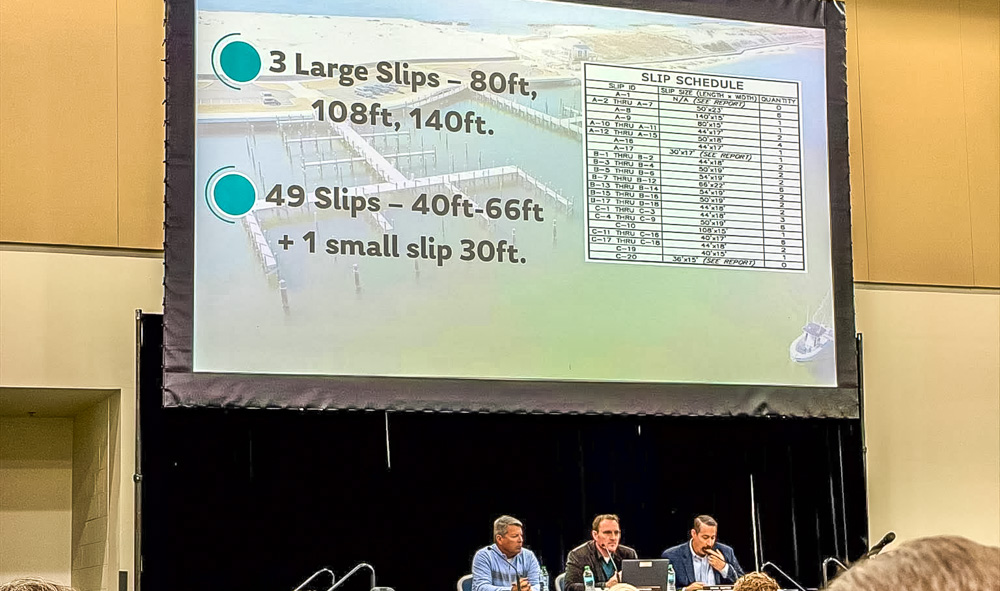 Boat dock sizes on a presentation board at the town hall meeting for Norriego Point in Destin, Florida