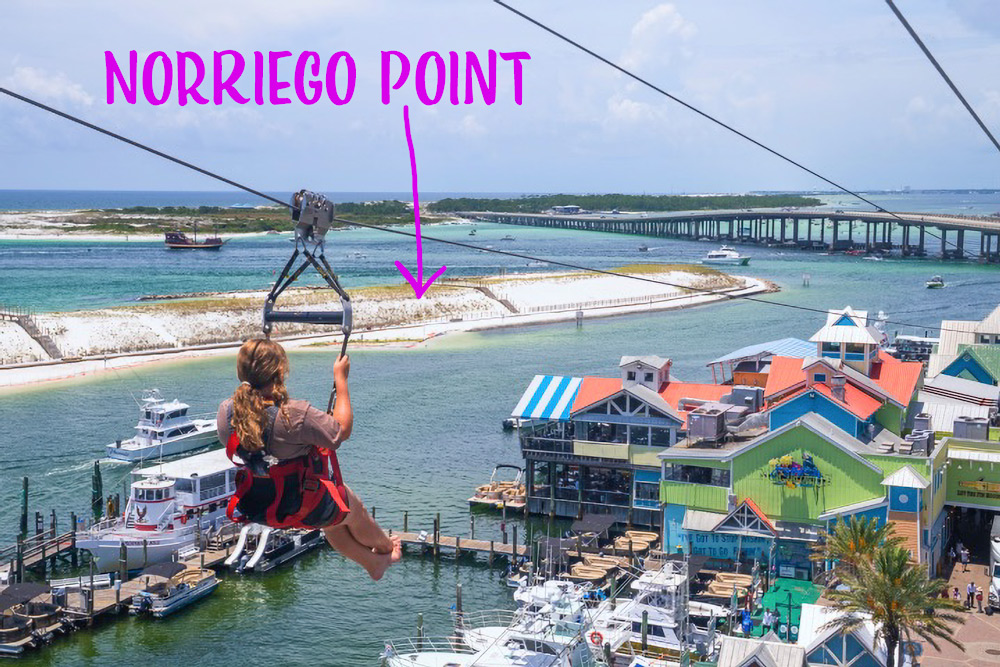 Zipline at Harborwalk Village with graphic showing the relative location to Norriego Point