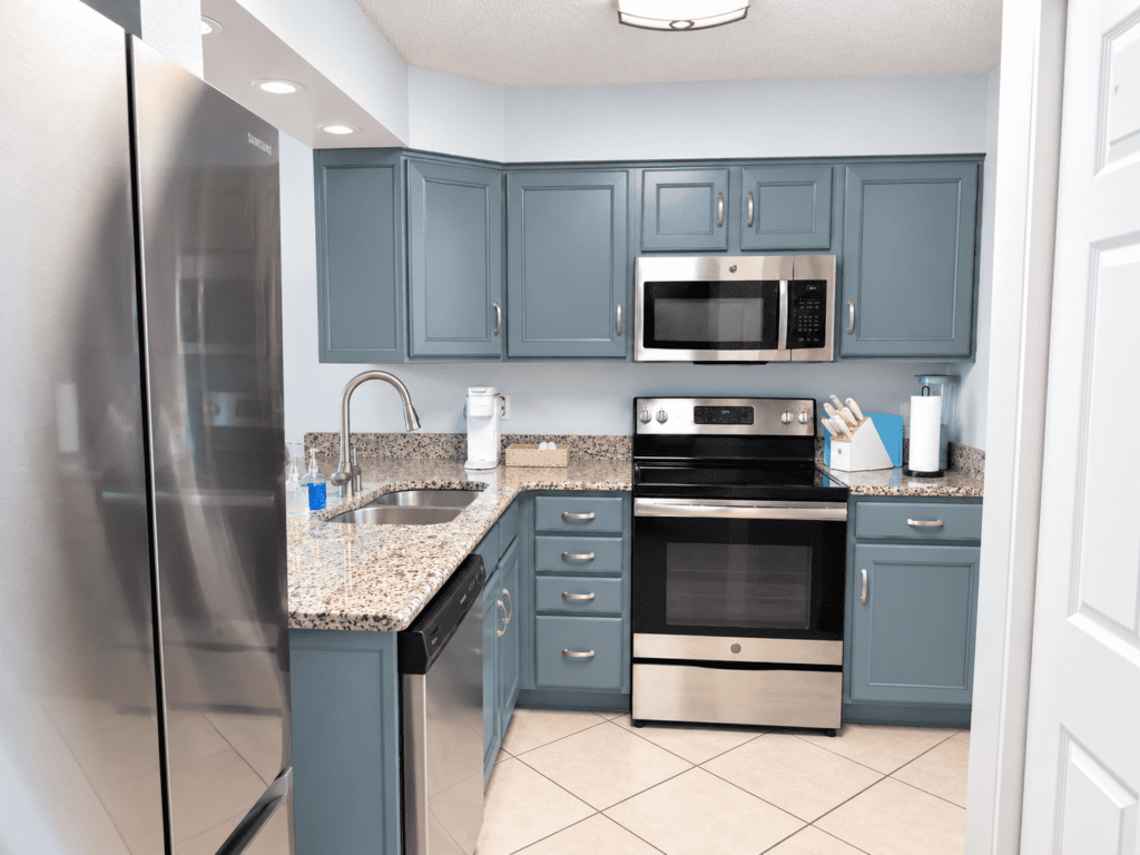 Blue cabinets at Daylight condo