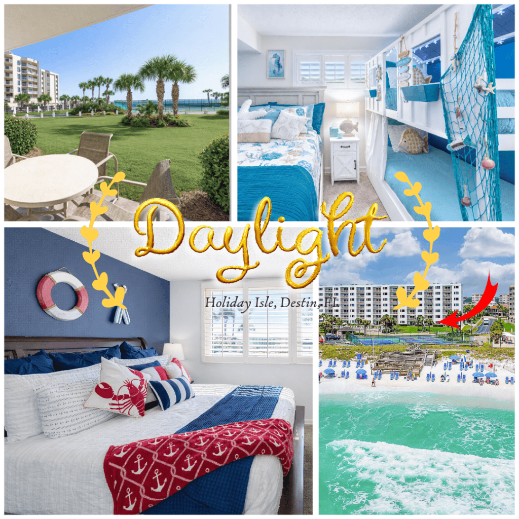 Collage of Daylight condo patio, bedrooms, and Islander Resort views, Destin FL